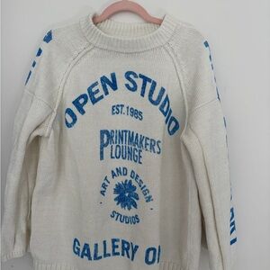 Pilcro Cream and Blue Graphic Sweater